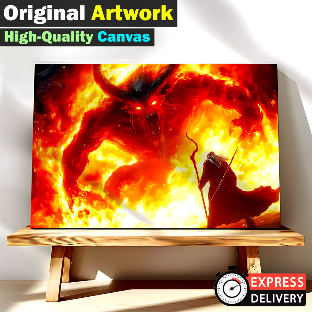 Epic Fantasy Canvas Art - Fiery Demon vs Wizard Scene, Original Artwork