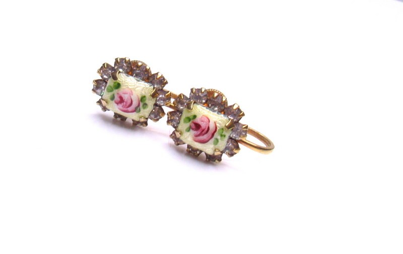 Vintage Guilloche Enamel Rhinestone Earrings