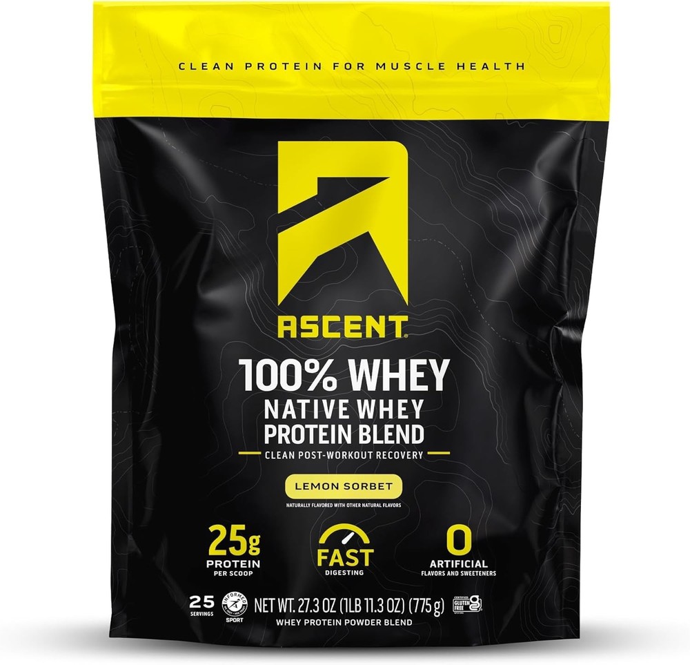 Ascent 100% Whey Protein Powder for Post Workout Recovery - 25 Servings