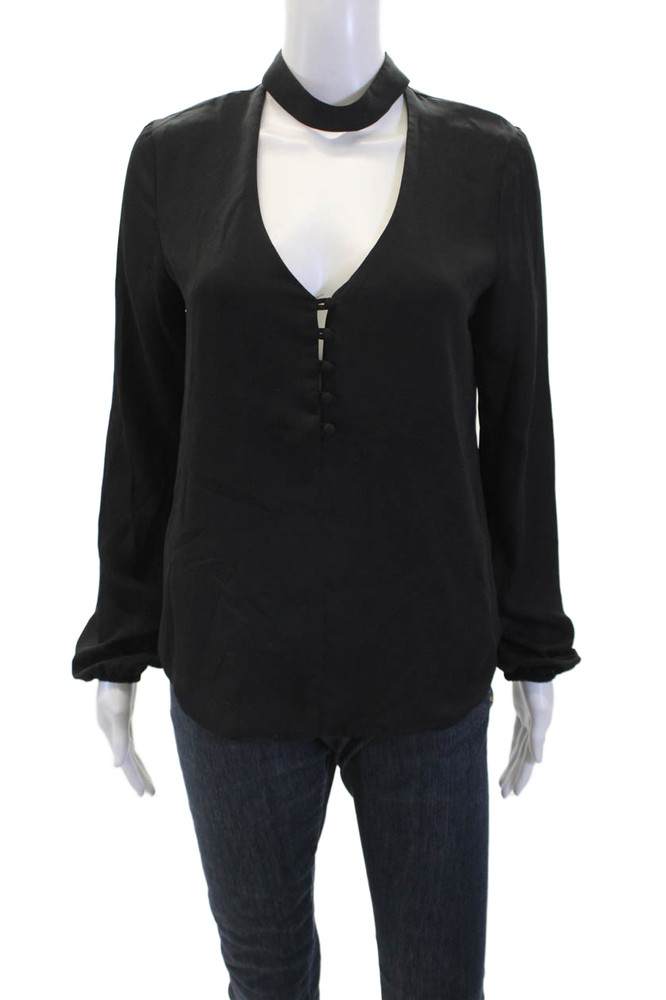 Wayf Womens Buttoned V-Neck Neck Strap Long Sleeve Blouse Jet Black Size SFree Shipping in US $100+ Orders | $6.95 Orders Below