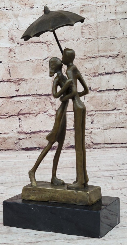 Mid Century Art Deco Bronze Sculpture of Couple Under Umbrella-image