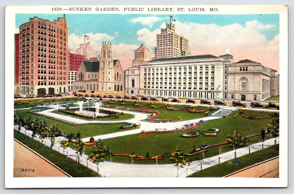 St. Louis Missouri Mo Sunken Garden Public Library Building Vintage Postcard