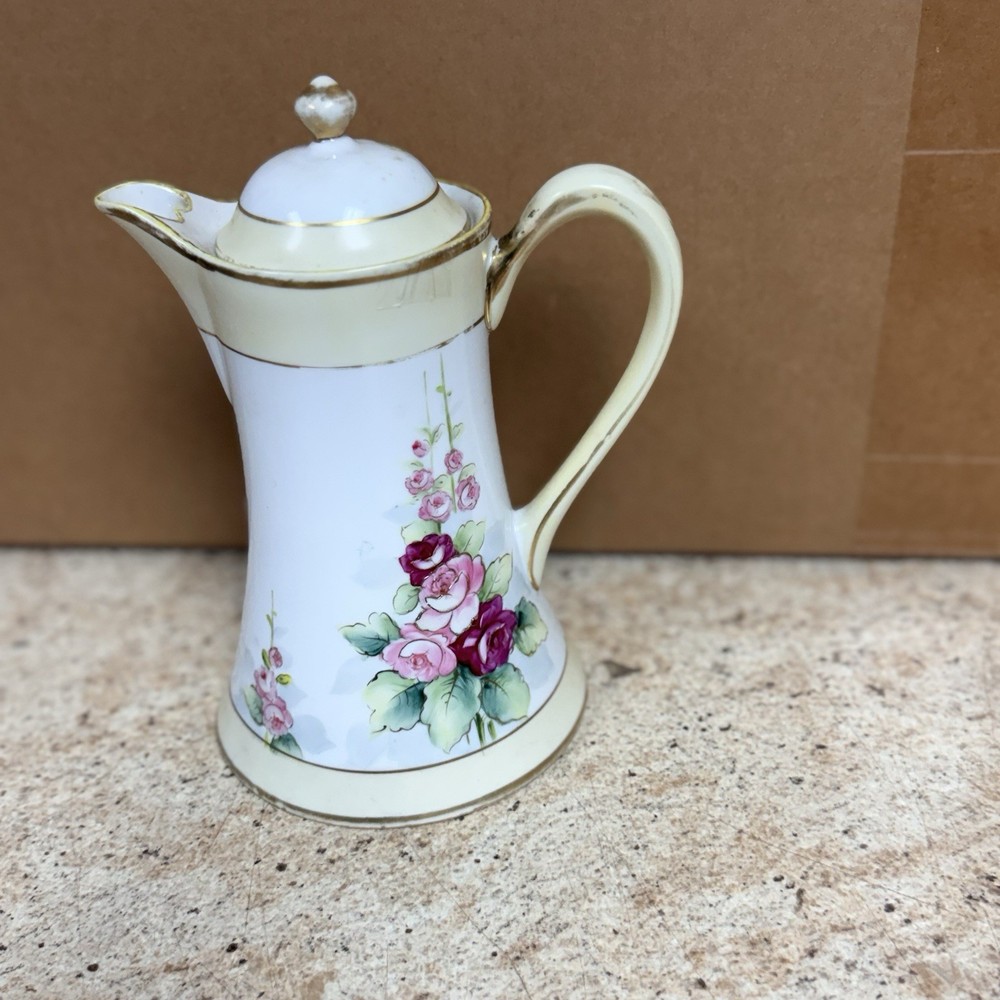 Antique Nippon Hand Painted Chocolate Pot Pink Roses Gold Trim Porcelain Pitcher