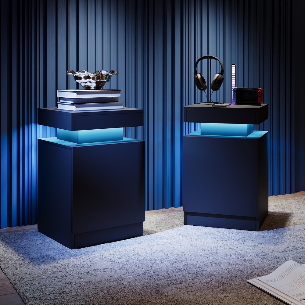 Nightstand Set of 2 with LED Lights, Storage Bedside Tables Black, 17.7in