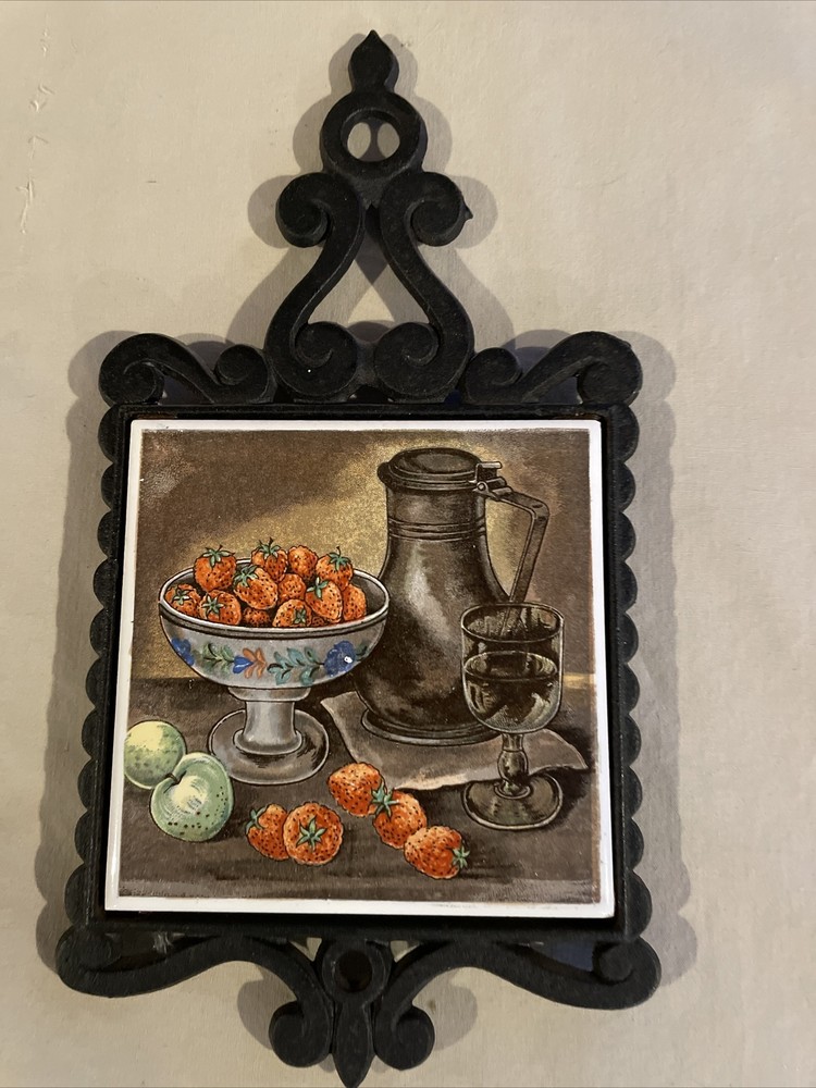 Vintage Gift Gallery Trivet Cast Iron and Ceramic Fruit Bowl Tile  Made In Japan