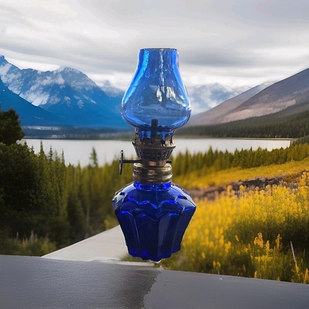 Miniature, Cobalt Blue, Victorian Style, Gone with the Wind, Hurricane Oil Lamp.
