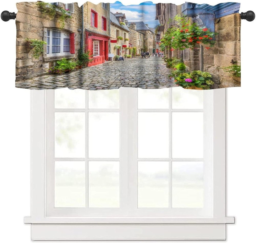 Italian Valance Curtain Tuscan Town Mediterranean Street View Floral Porch Euro