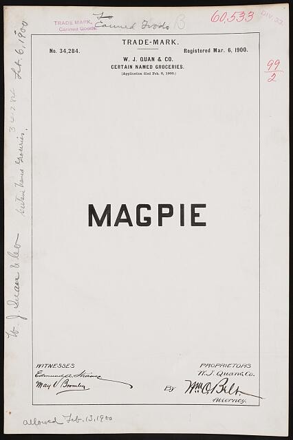 Photo:W. J. Quan & Co. for Magpie brand Certain Named Groceries