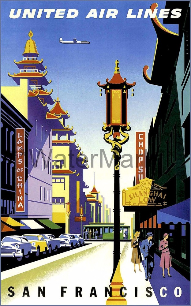 Vintage 1950 San Francisco California United Airlines Retro Poster Print