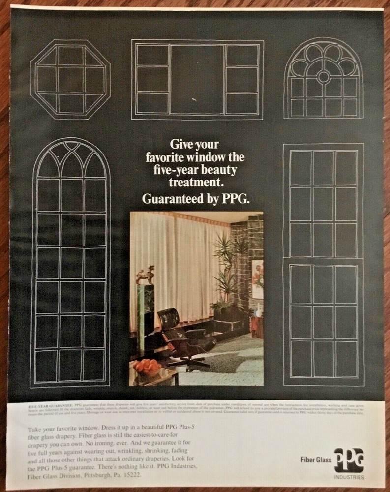 PPG fiberglass windows print ad 1968 orig vintage art retro 1960s home decor
