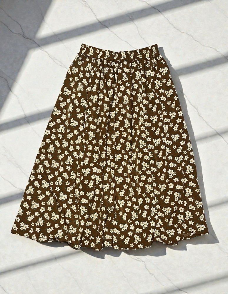 Brown Ditsy Floral A-Line Midi Skirt Elastic Waist Cottagecore Boho Size Small