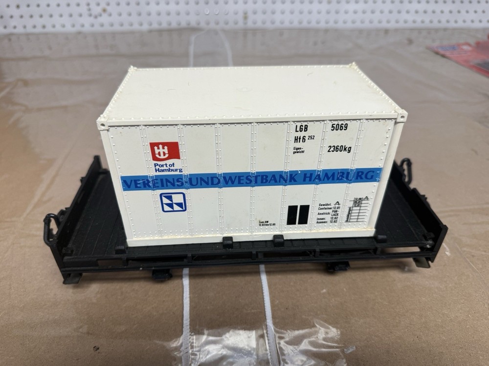 LGB 4003 Black Flat Car with Port of Hamburg White Container G Scale
