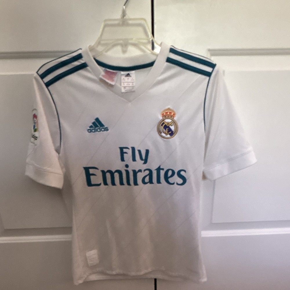 adidas Real Madrid Home Jersey Youth Boys L 13-14Y White/Teal V-Neck LaLiga