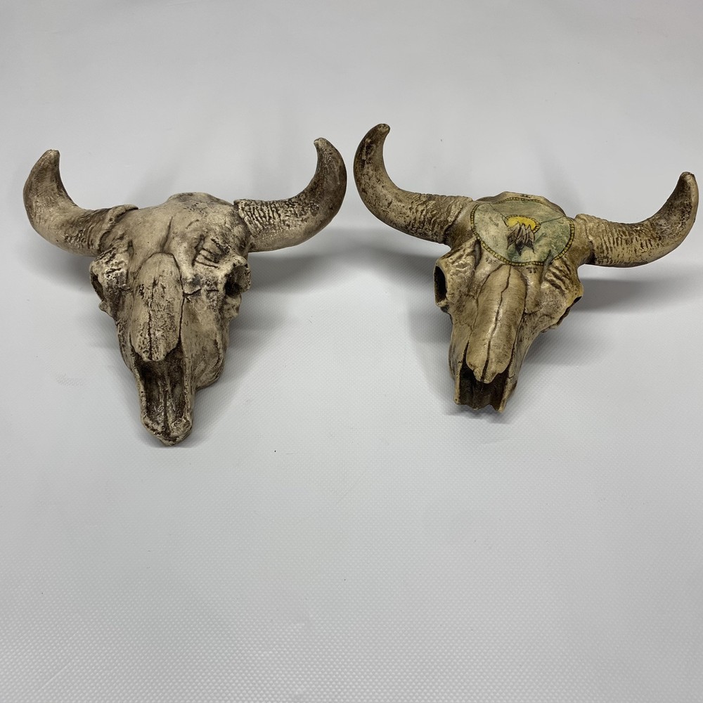 2 Bull Head Polyresin Wall Hangers 1 w/Tribal Artwork