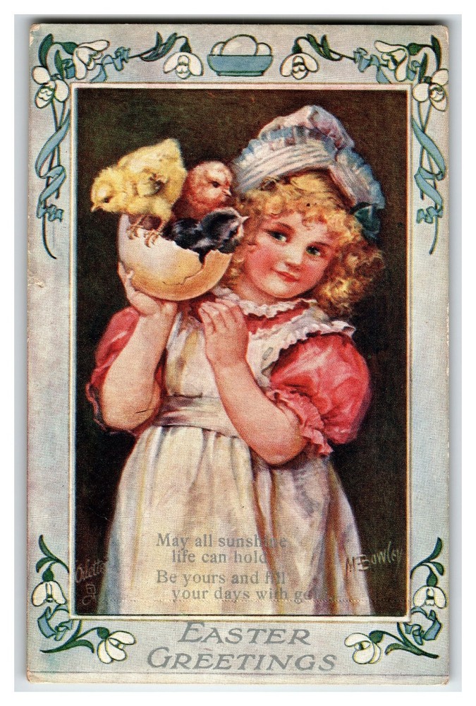 Raphael Tuck Oilette Easter Greetings Postcard Girl Chicks M. Bowley 1913