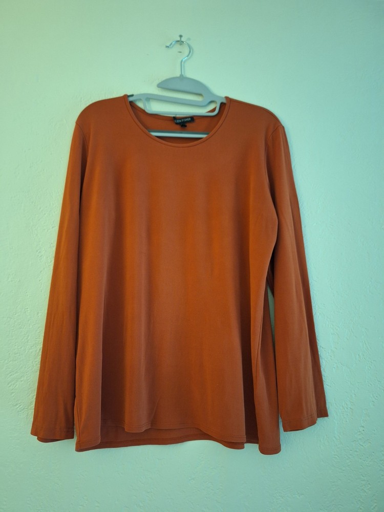 Eileen Fisher 100% Silk Georgette Rust Orange Long Sleeve Top Women's Size Large