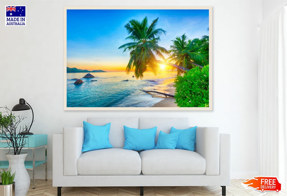 (Laminated) Palm Trees Near Sea Sunset Photograph 91x61cm