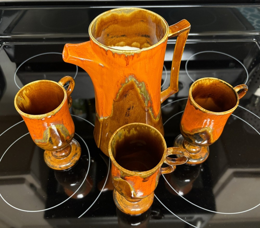 Mid Century Drip Glaze Pitcher and Mug Set of 3