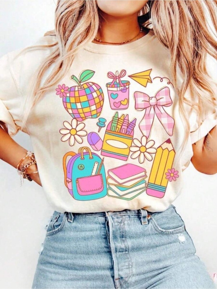 Women Boho Teacher Bow Graphic T-Shirt Back to School Teacher Gift Tee