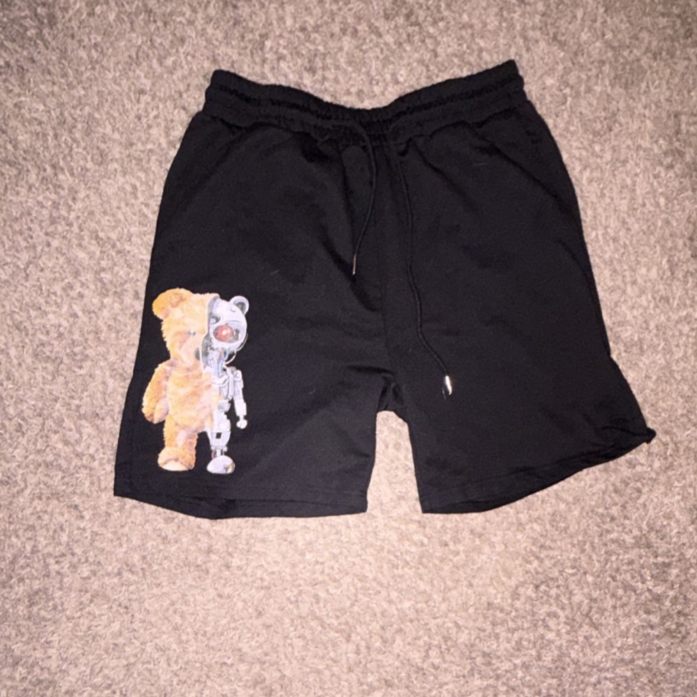 Black Men's Sweat Shorts Drawstring Elastic Waist Pockets Embroidered Bear