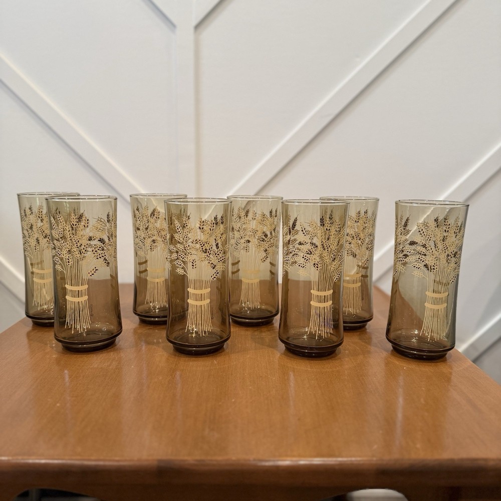 Libbey Franco Wheat Water Glasses Tumbler Smokey Amber Mid-Century Set Of 8 Vtg
