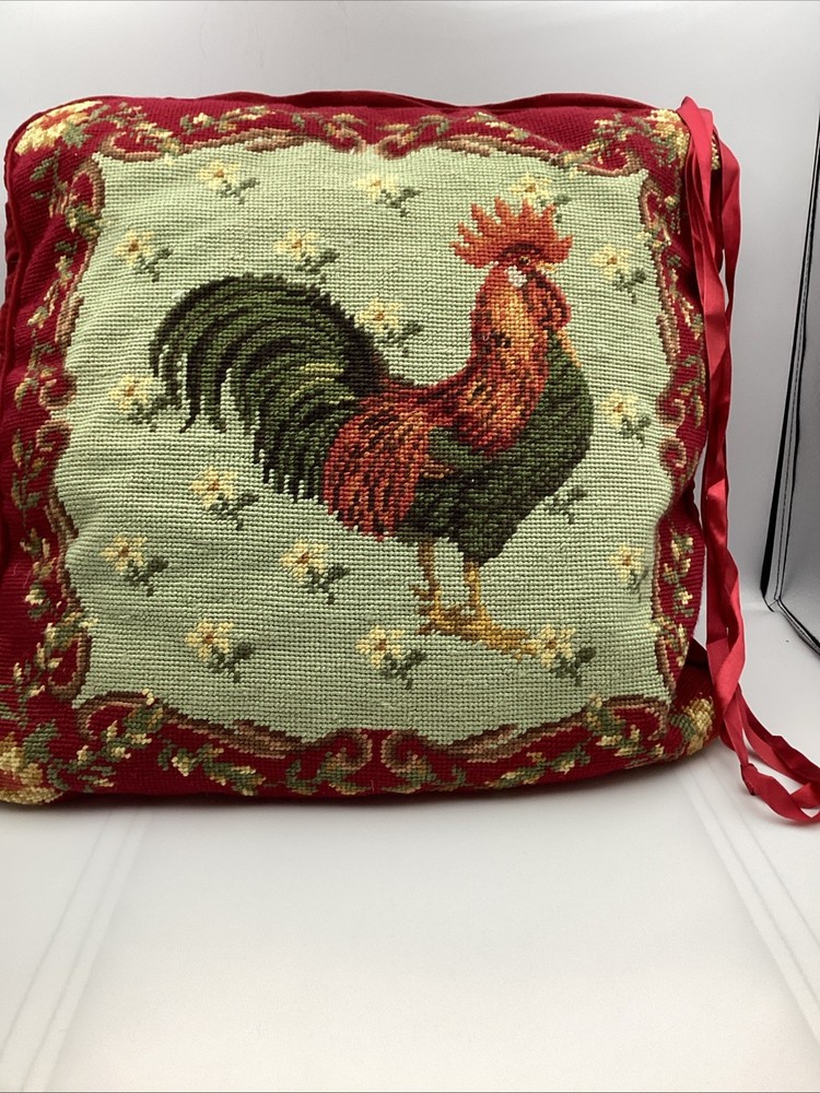Handmade needlepoint brown rooster seat pad with leg horn design