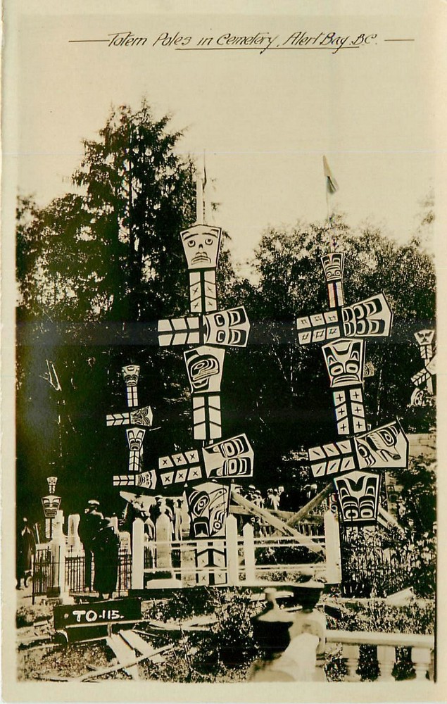 1930s Alert Bay BC Canada Totem Poles Cemetery RPPC Postcard 26-558