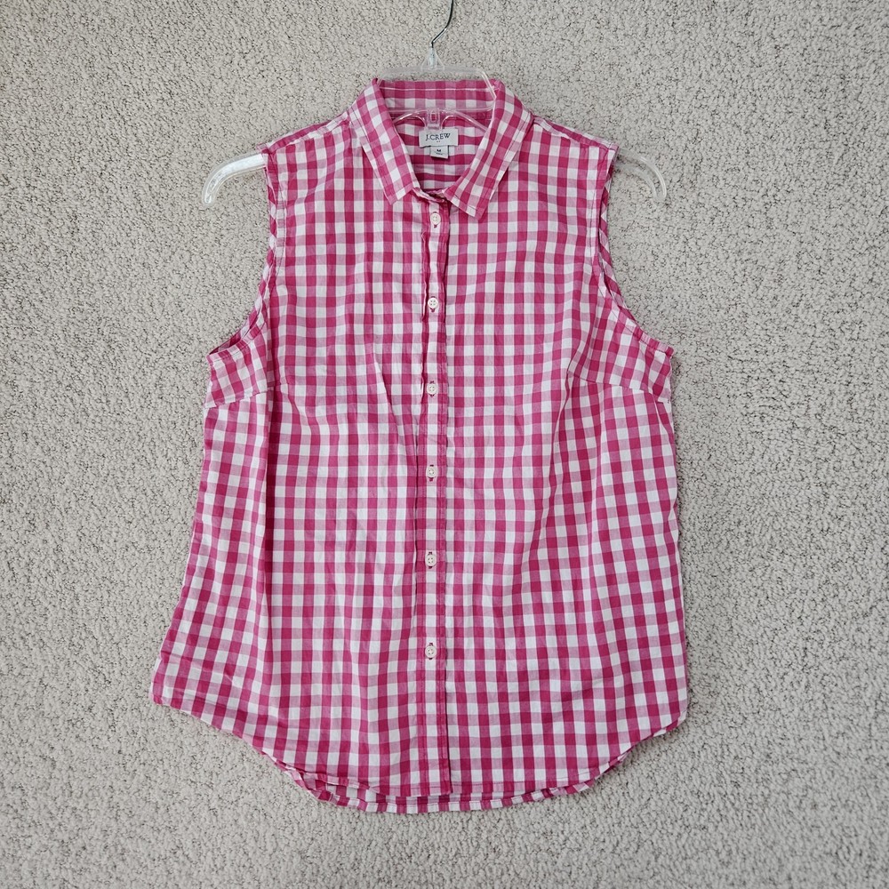 J Crew Tank Button Up Collar Gingham Pink White Shirt Womens M Stretch Preppy