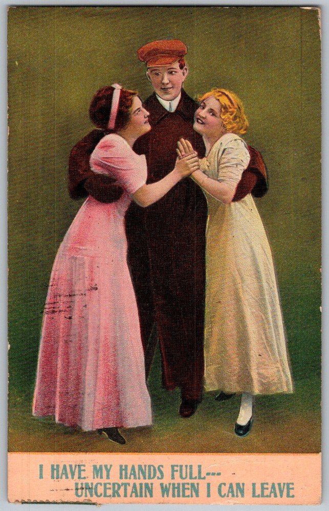 Antique Postcard Hands Full Comic Couple 1910s