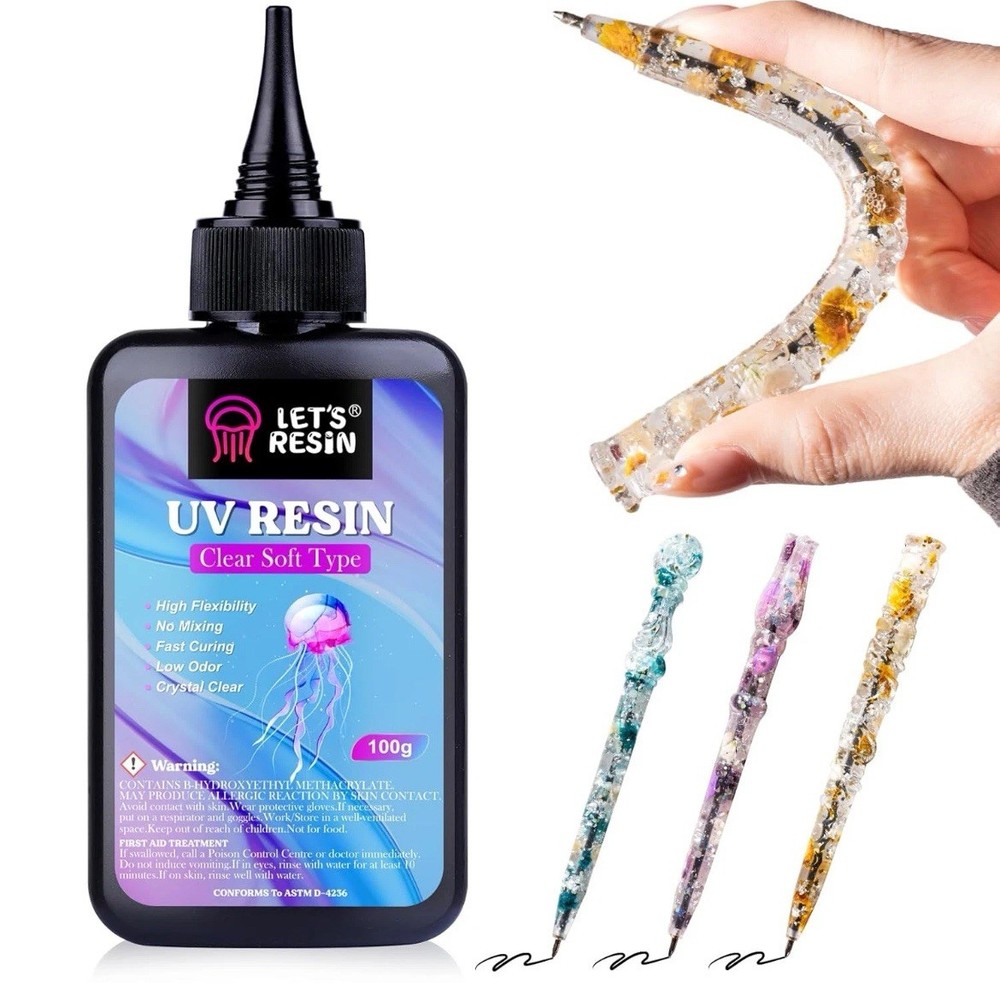 100G Soft UV Resin - Elastic, Bendable, Crystal Clear Epoxy for Crafts