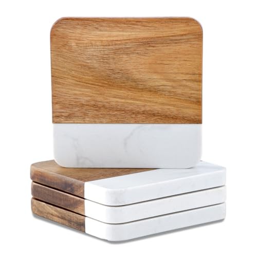 Acacia Wood and Marble Drink Coasters Set of 4 Square Non-Slip Stone Wooden-image