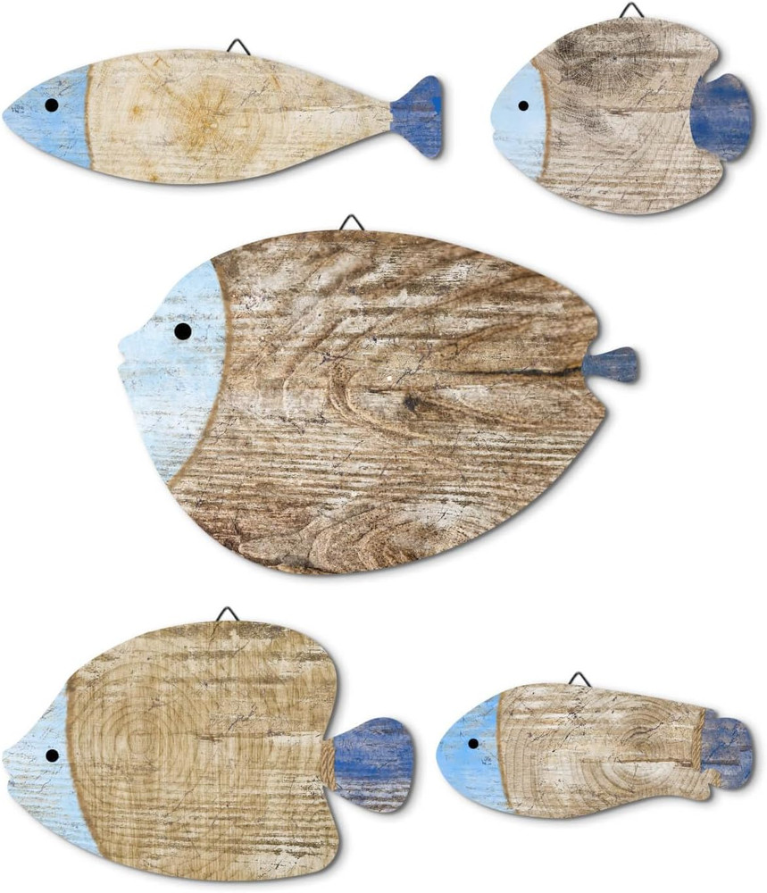 5 Pcs Rustic Weathered Wood Fish Wall Art Beach Nautical Wall Hanging Decor O...