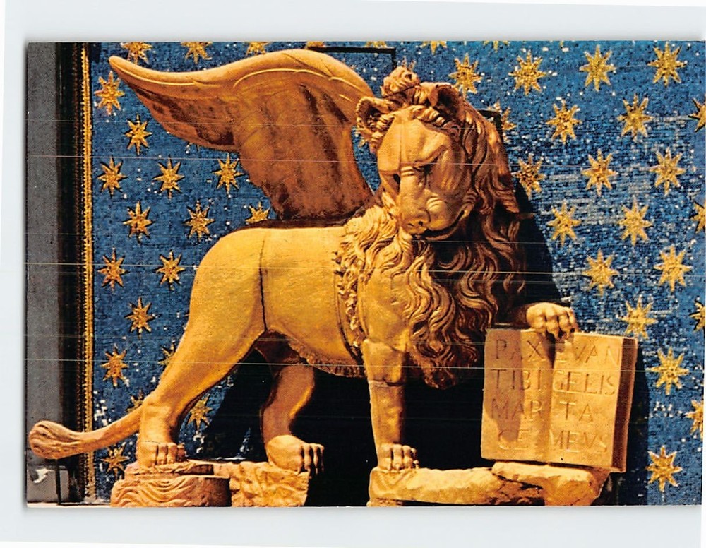Postcard S. Marcs Lion Detail of the Clock Tower Venice Italy