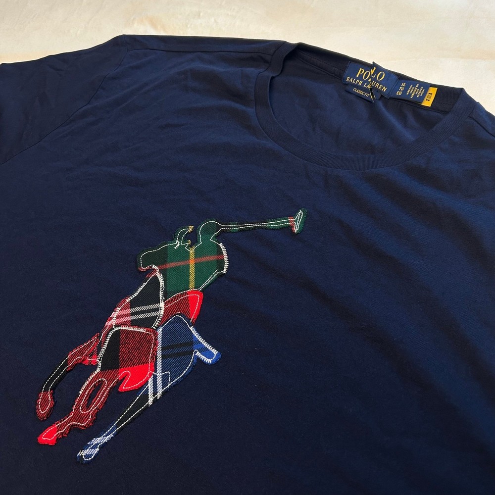 Polo Ralph Lauren Mens XL Navy Blue Plaid Patchwork Big Pony T-Shirt Classic Fit