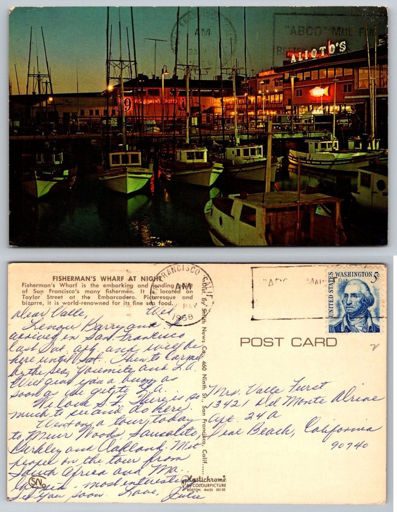 Vintage San Francisco Fisherman's Wharf Night Postcard 1968 Plastichrome