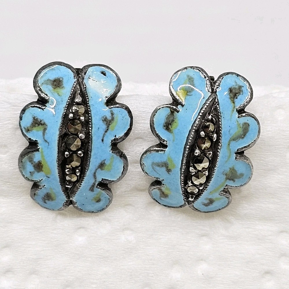 Sterling Silver Blue Enamel Marcasite Clip On Earrings Vintage