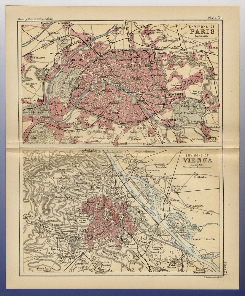 1888 Original Antique City Map Of Paris France / Vienna Wien Austria