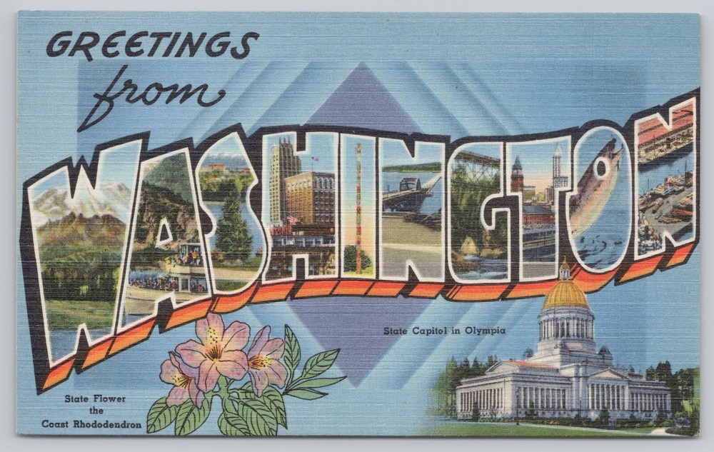 Washington, Large Letter Greetings, State Capitol & Flower, Vintage Postcard