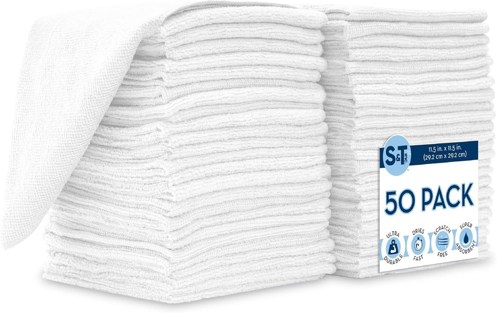 50-Pack S&T INC White Microfiber Cleaning Towels - Bulk Multi-Purpose Cloths  