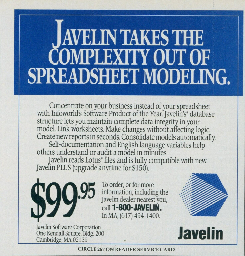 1987 Javelin Takes Complexity Out Of Spreadsheet Modeling Software Ad PC2