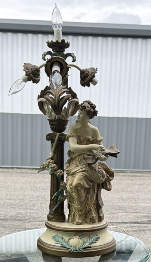 Renaissance Victorian Angel Table Lamp Antique Gold Floral Shaded Beige Green