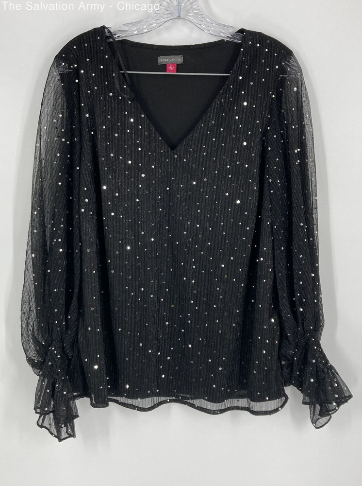Vince Camuto Womens Black V-Neck Long Sleeve Pullover Blouse Top Size L