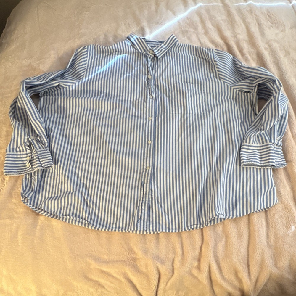 J.CREW Blue White Striped Cotton Button-Up Shirt Women’s 3X Plus Long Sleeve
