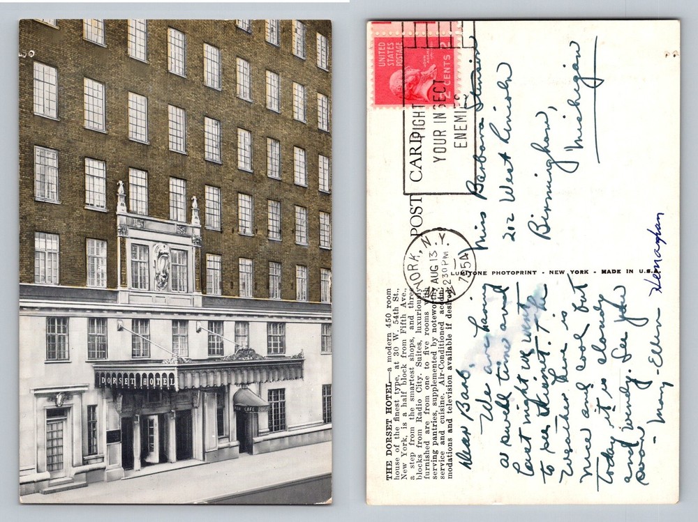 New York, NY-New York Dorset Hotel Fifth Avenue Entrance, Vintage c1954 Postcard