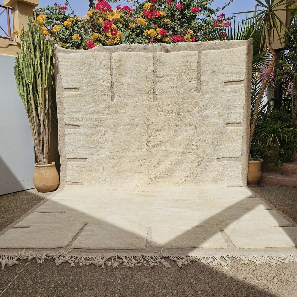 Hand Knotted Moroccan Berber Wool Rug Color Cream Ivory Design Area Carpet Rug