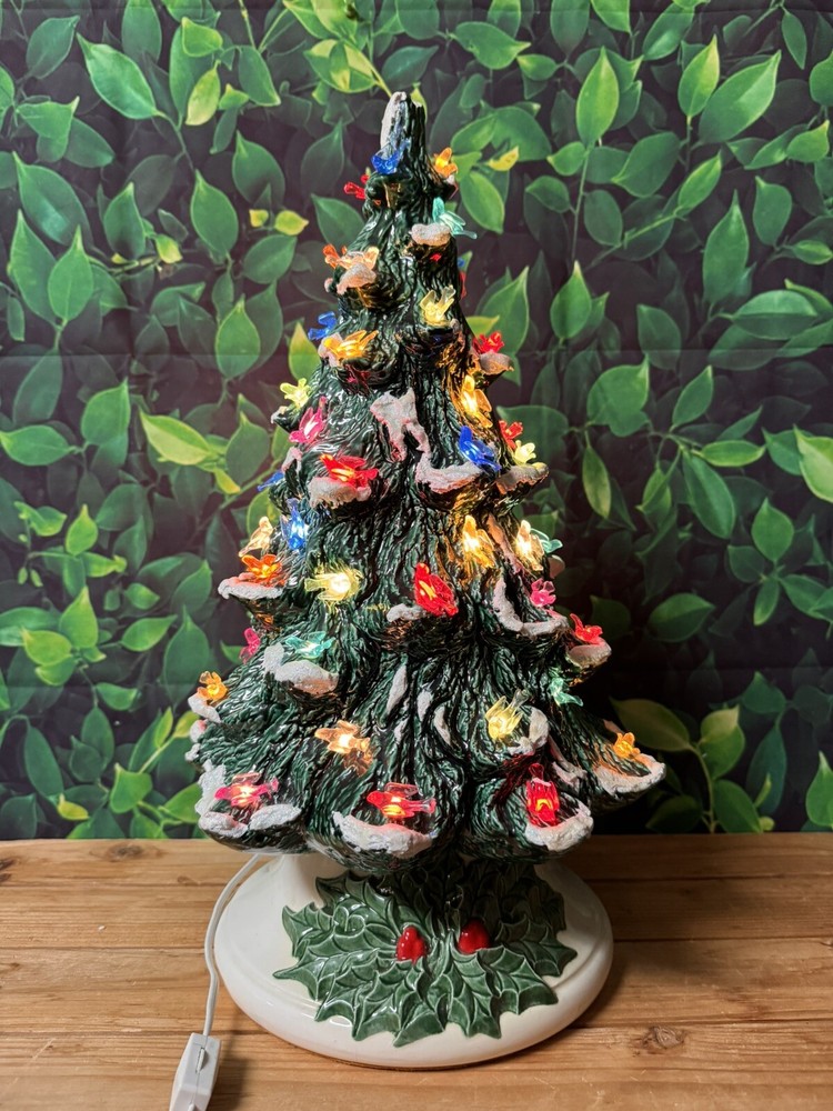 Vintage Musical Ceramic Christmas Tree with Wind-Up Mechanism & Two-Piece Lights  