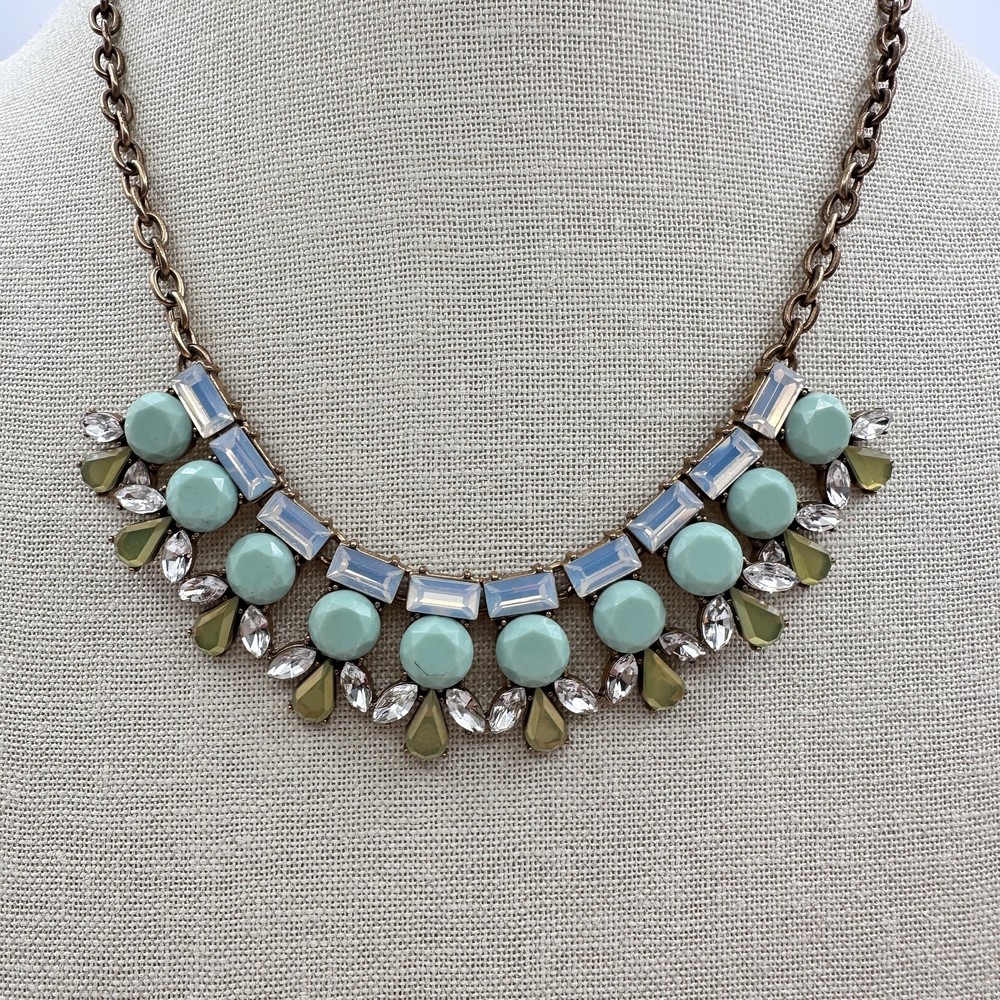 Vintage 90s Mint Green Blue Stone Crystal Bib Necklace Gold Tone Women's Jewelry