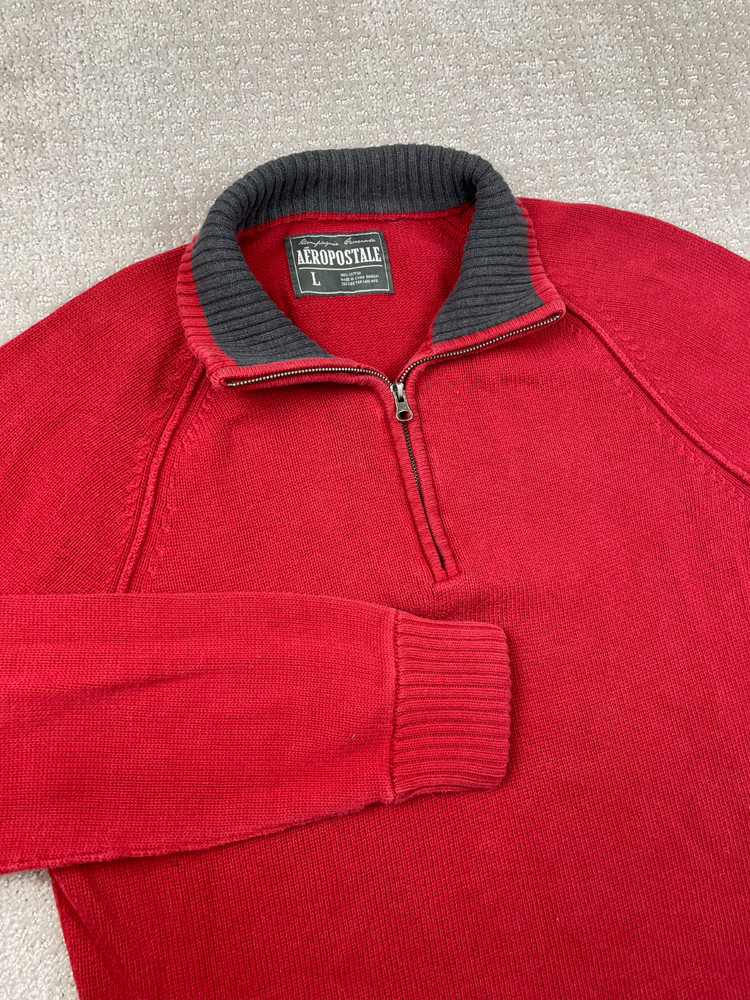 Y2K Aeropostale Sweater Mens L Red Knit Cotton 1/4 Zip Casual Essential Preppy