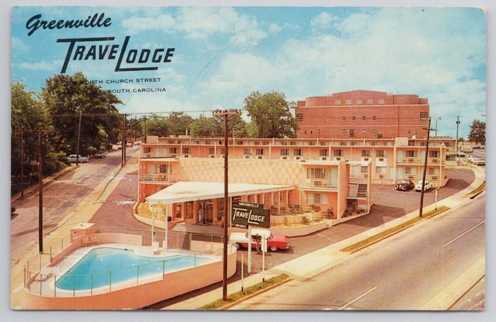Greenville Travelodge SC Postcard 1950s-60s Motel Pool Dexter Chrome