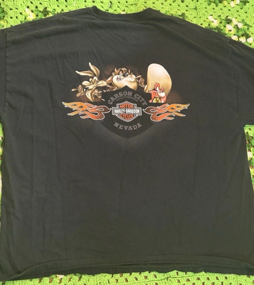 Harley Davidson Looney Tunes Nevada shirt Taz Yosemite Sam Flames Y2K Grunge
